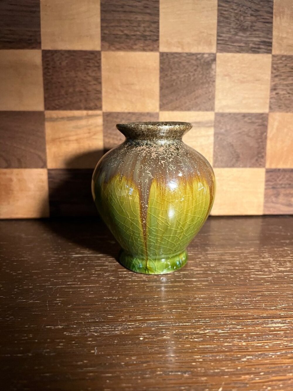 Green and Brown Drip Glaze Crackle Bud Vase